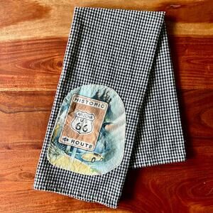 Route 66 Applique Cotton Tea Towel Gingham Farmhouse Decor Framable Art Gift